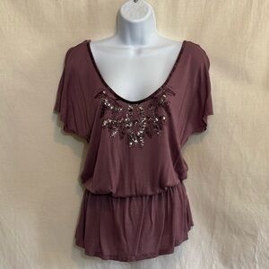 I-11 Wet‎ Seal Pink Sequin Detail Short Sleeve Peplum Pullover Blouse Size M